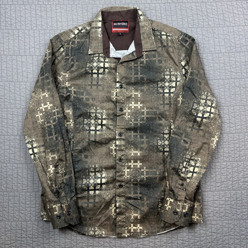 Y2K Montero‎ Shirt Men's Large Brown Button Up Grunge Rockabilly Cross AOP